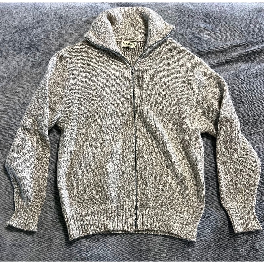 Vintage LL Bean Sweater 70s 80s Knit Full Zip Brown Tan cardigan wool USA Large